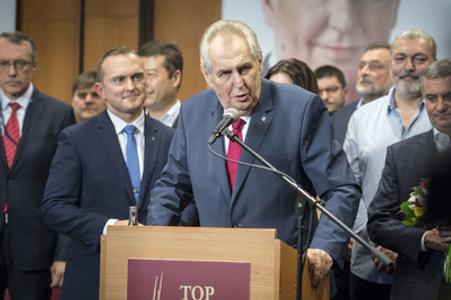 Miloš Zeman holds a speech after preliminary results - suggesting his re-election - were published, January 27. 