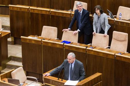 Most-Híd MP Peter Kresák (front) with paryt chairman Béla Bugár and ex-justice minister Lucia Žitňanská (also of Most-Híd), illustrative stock photo. 