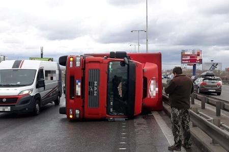 Prístavny Bridge in Bratislava is partially closed after a lorry tips over on February 4, 2020.