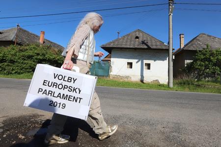 A woman carries an election ballot box in a village near Zvolen, central Slovakia, during the 2019 European Parliament elections.