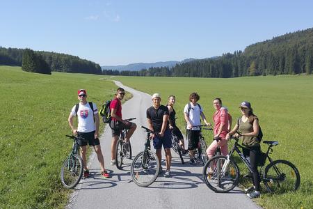 Cyclists ride through the Great Plain (Veľká lúka) in the Muránska planina national park, central Slovakia. Tourists can rent an e-bike in the village of Muráň, which lies in the national park.
