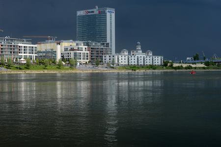 Tower 115 and the Eurovea complex by the Danube in Bratislava.