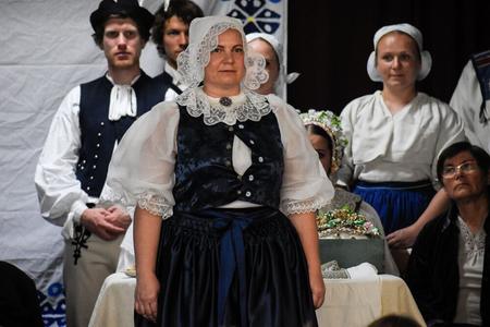 A traditional  kopanice costume worn by a married woman. The woman wearing such a costume is called "krojovanka".