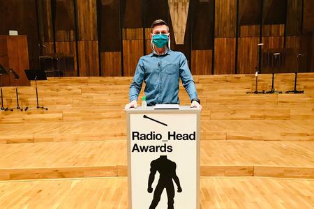 Rádio_FM presenter Martin Staňo hosts Radio_Head Awards 2019 in an empty concert hall of the Slovak Radio building in Bratislava on March 18, 2020.