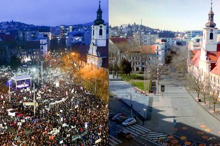 SNP Square in Bratislava in March 2018 versus now (March 2020).