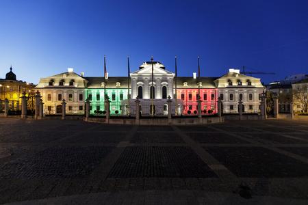 The Presidential Palace in Bratislava lit up with the colours of the Italian flag to show solidarity with Italy on April 15, 2020. 