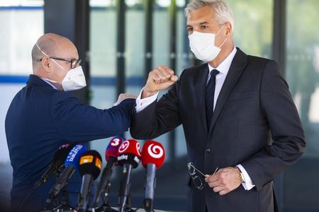 Slovak Foreign Affairs Minister Ivan Korčok (r) and Italian Ambassador to Slovakia Gabrielle Meucci while dispatching the humanitarian aid to Italy on April 20.