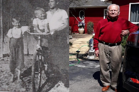 (Left) Demeter Kokosh at age 7, his brother John 3 and uncle Peter in 1939. (Right) Mr Kokosh today.