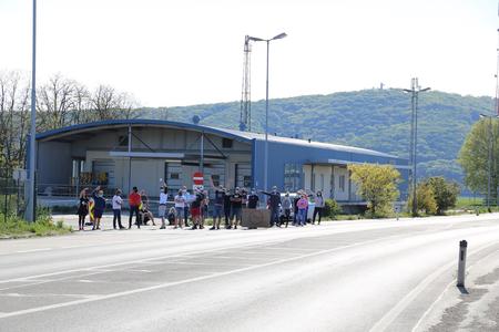Slovak cross-border workers protest at the Bratislava-Berg border crossing on April 26, 2020.