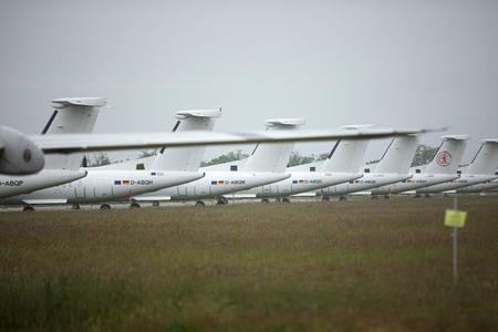 Airplanes parked at the Bratislava airport.