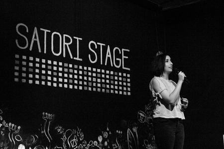 Nastaran (Nasi) A Morlagh tells a story at a Bratislava True Stories event in 2018.