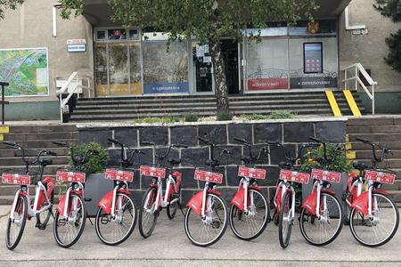 Shared red bikes in Rača.