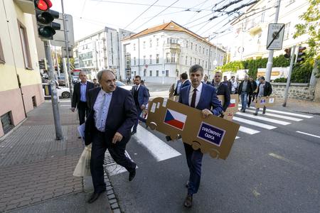 Mayors and businesspeople from the Kysuce Region, northern Slovakia, attend a "lorry" protest in Bratislava on October 22, 2019. The protest takes place in front of the European Commmission in Bratislava building