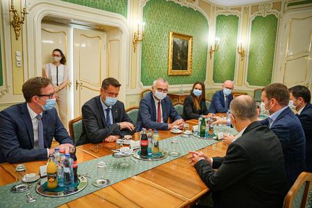 PM Igor Matovič, second from right, meeting with VW Slovakia representatives - Oliver Grünberg, the Chairman of the Board of Volkswagen Slovakia, and Andreas Tostmann, second and third from left.