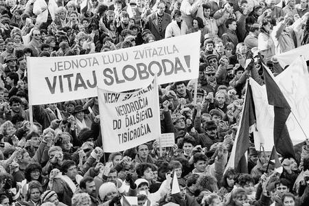 A photo portrays the atmosphere during the Velvet Revolution on November 17, 1989