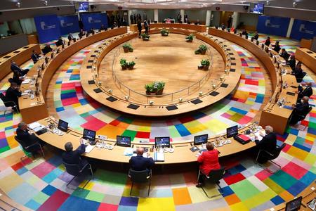 European Union leaders during a round table meeting at an EU summit in Brussels on July 17, 2020.