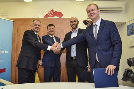 Andrej Kiska (Za ľudí), Alojz Hlina (KDH), Michal Truban (PS) and Miroslav Beblavý (Spolu) sign an agrement that the parties will not attack each other before the 2020 elections on November 11, 2019