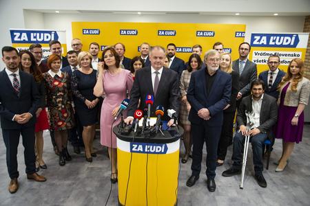 Ex-Slovak President Andrej Kiska (at the stand) presents candidates appearing on his party Za ľudí (For the People)'s slate in the 2020 parliamentary elections. Vice-Chair Veronika Remišová (left to Kiska) and blogger Ján Benčík (right to Kiska) have been put on the slate, too