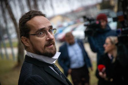 Zem a Vek editor-in-chief T. E. Rostas arrives at a court in Pezinok on December 16, 2019