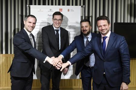 The mayors of the capitals of the Visegrad Group countries (the Czech Republic, Hungary, Poland and Slovakia), from left: Zdeněk Hřib of Prague, Gergely Karácsony of Budapest, Matúš Vallo of Bratislava, and Rafal Trzaskowski of Warsaw pose after they signed the Pact of Free Cities in Budapest, Hungary, on December 16, 2019.