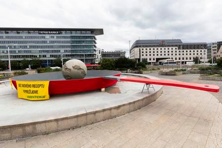 Greenpeace Slovakia installs a pan on which the Earth gets symbolically fried on Hodža Square in Bratislava on September 9, 2019