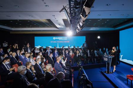 President Zuzana Čaputová speaking to the participants in the 2020 Globsec conference.