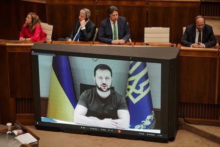 Ukrainian President Volodymyr Zelensky spoke to the Slovak parliament on May 10. 