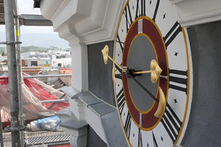 A clock installed at the Church of the Conversion of St. Paul the Apostle on St. Mary's Square in Žilina, on May 18, 2022.