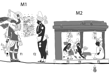 In the picture: Teotihuacan administrator called K´ihnich Mo´(f1) and the king (f2) known as the Carrier of the Sun. 