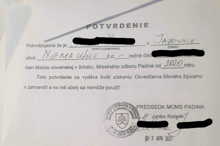 A document issued by Matica Slovenská in Serbia's Padina branch in 2020 to a person that could use it to obtain the status of a Slovak living abroad.