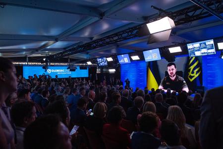 Ukrainian President Volodymyr Zelensky during his speech at the Globsec conference.