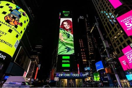 Slovak singer Karin Ann is featured on a billboard in New York City's Times Square in late August 2021.