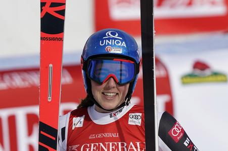 Slovakia's Petra Vlhová reacts in the finish area of an alpine ski, women's World Cup super-G race in Garmisch-Partenkirchen, Germany.