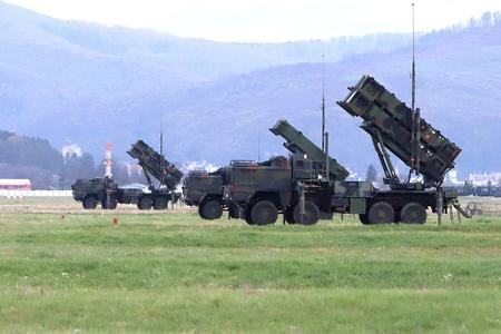The Patriot air defence missile system at the Sliač military airport, central Slovakia, on April 27, 2022. 