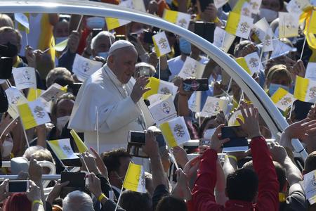 Pope Francis the crowd in Prešov. 