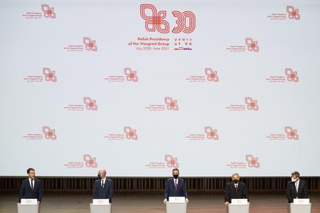 Slovak PM Igor Matovič, EU Council President Charles Michel, Polish PM Mateusz Morawiecki, Hungarian PM Viktor Orbán, Czech PM Andrej Babiš met in Krakow, Poland, on February 17, 2021, to mark 30 years since the establishment of the Visegrad Group.