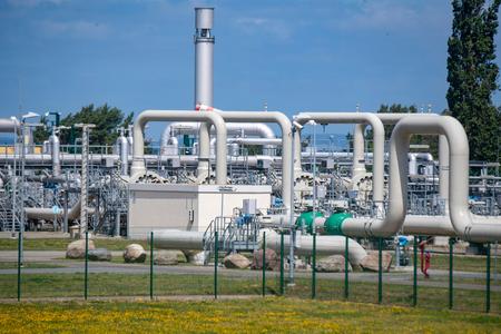 A view of pipe systems and shut-off devices at the gas receiving station of the Nord Stream 1 Baltic Sea pipeline and the transfer station of the OPAL (Ostsee-Pipeline-Anbindungsleitung - Baltic Sea Pipeline Link) long-distance gas pipeline in Lubmin, Germany.