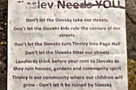 Anti-Slovak posters first appeared in Tinsley and different parts of Sheffield towards the end of 2020.