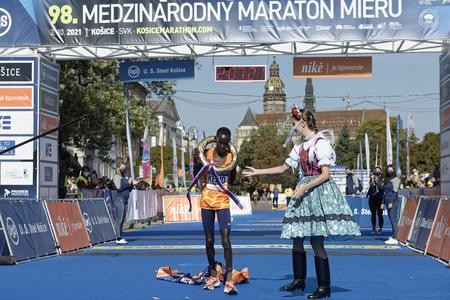 Reuben Kiprop Kerio after crossing the finish line and winning the 2021 Košice marathon.