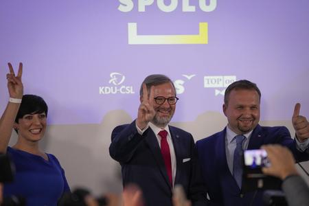 The leaders of three parties that are part of the winning coalition Spolu; l-r: Markéta Pekarová Adamová of TOP 09, Petr Fiala of ODS and Marian Jurečka of KDU-ČSL. 