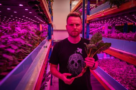 Filip Toška holding chard in the hydroponic Hausnatura farm. 