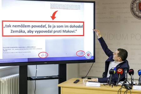 Police chief Štefan Hamran, speaking at a media conference on March 15, 2023, details alleged irregularities in the transcripts of wiretaps being cited as evidence the case against four senior police investigators.
