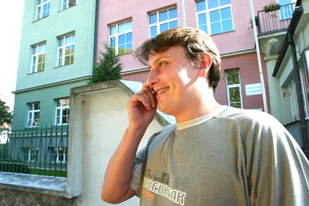 A Lutheran priest outside the Lutheran High School in Tisovec in 2007.