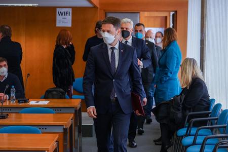 PM Eduard Heger, Foreign Minister Ivan Korčok and Defence Minister Jaroslav Naď arrive to the press conference where they announced the expulsion of three Russian diplomats on April 22. 