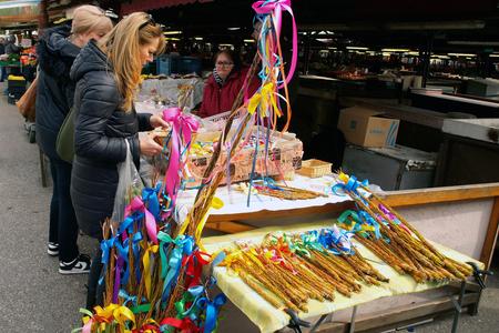 Easter whips on sale at the Miletičova market in Bratislava on March 30, 2023.