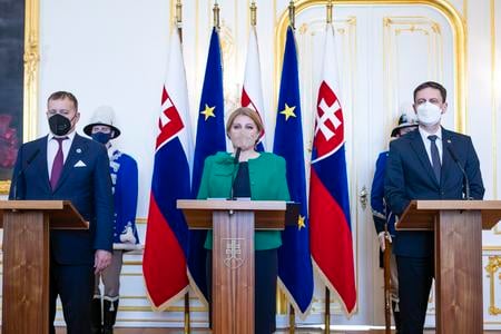 Speaker of Parliament Boris Kollár, President Zuzana Čaputová and Prime Minister Eduard Heger, from left after signing the a letter accompanying Slovakia’s recovery plan.   