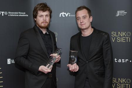 Film producer Jakub Viktorín (left) and film director Michal Blaško (right) after receiving the best picture award for movie Obeť.