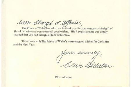 A letter of thanks from the chamberlain of today's King Charles III for wine from the Vinesa winery. 