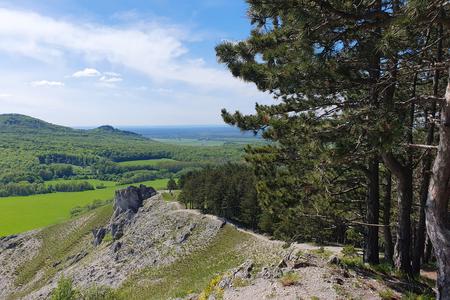 The splendid view from the Jelenia Hora hill with ruins of the Plavecký castle in the distance.  