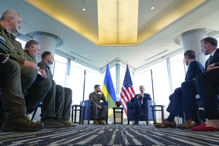 President Joe Biden meets with Ukrainian President Volodymyr Zelenskyy on the sidelines of the G7 Summit in Hiroshima, Japan, Sunday, May 21, 2023.